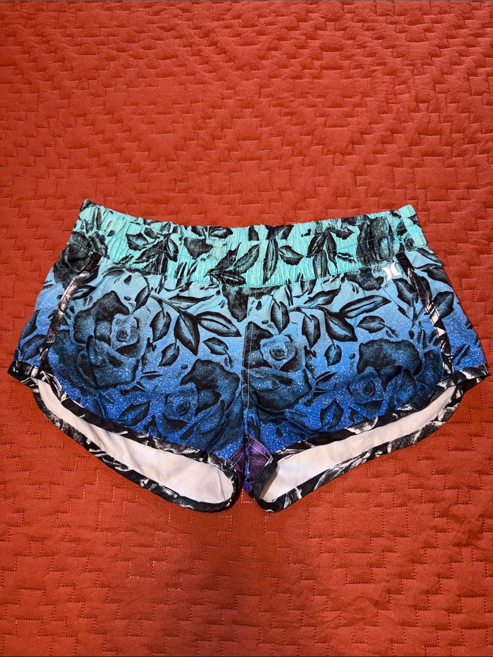 Hurley Teal to Deep Blue Floral Board/Swim Shorts - Size Small